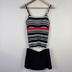 Lands End Black White Striped Tankini with Swim Skirt
